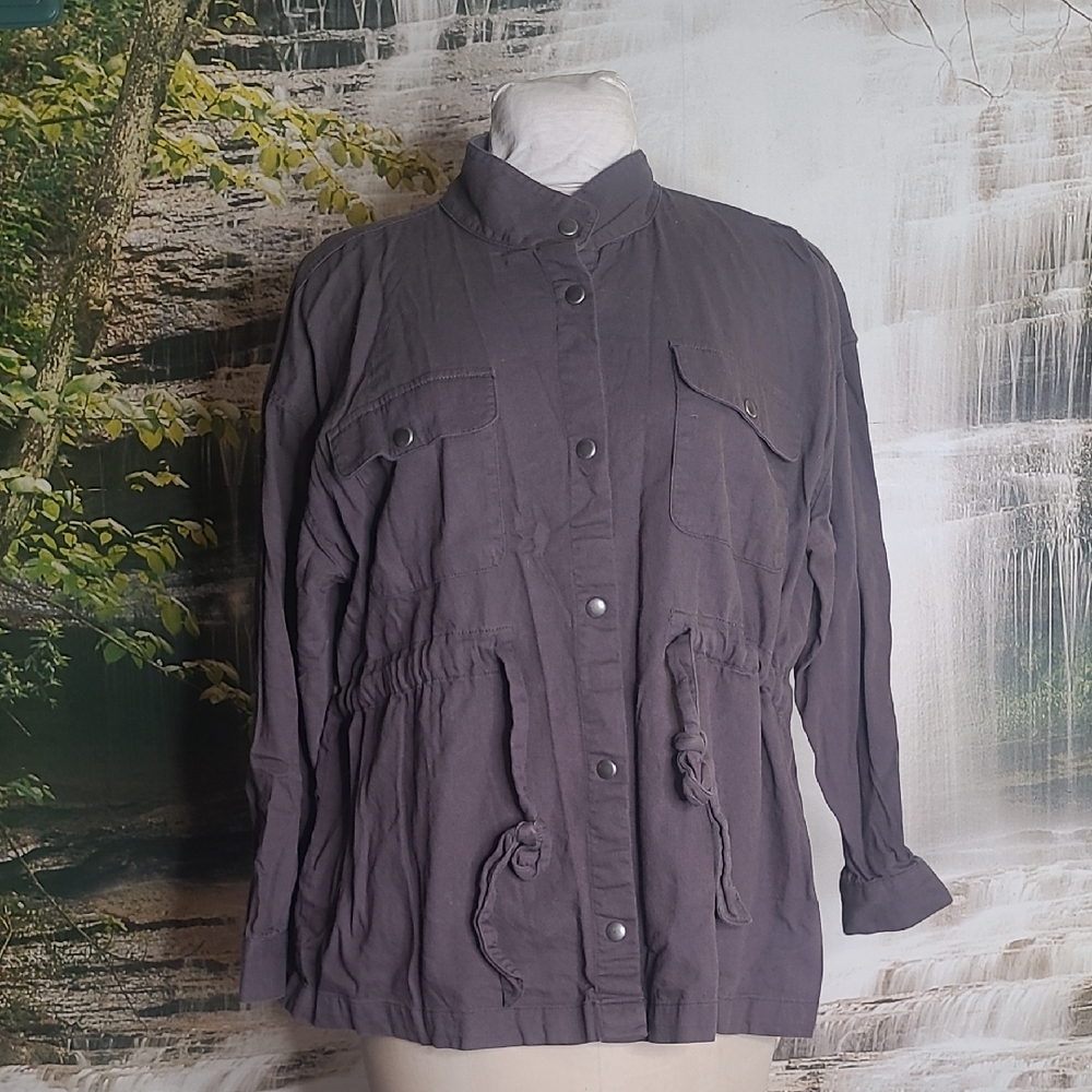 Maurices Womens 2X Gray Button Snap Long Sleeve Utility Jacket Drawstring Waist